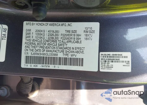 2016 Honda Cr-V Touring from USA, damaged, VIN 5J6RM3H95GL030968